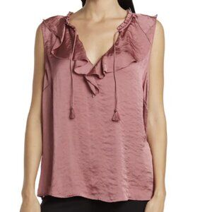 Paige Alma Sleeveless Blouse in Deco Rose Mauve Pink Ruffle Split Neck Size M